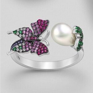 Elegant Silver Multi Color Butterfly Ring with Pearl